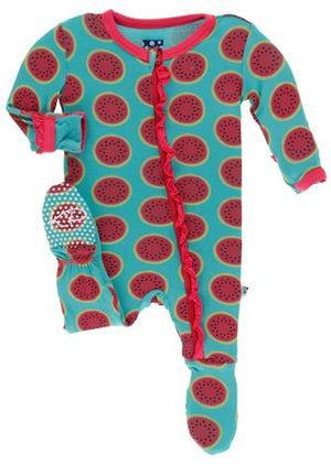 KicKee Pants, Baby Girl Apparel - Pajamas,  KicKee Pants - Print Muffin Ruffle Footie - Neptune Watermelon