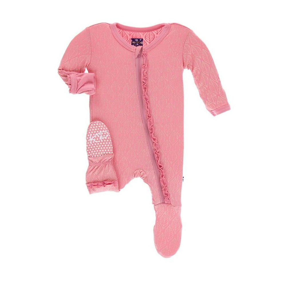 KicKee Pants, Baby Girl Apparel - Pajamas,  Kickee Pants - Print Muffin Ruffle Footie with Zipper - Desert Rose Gold Leaf