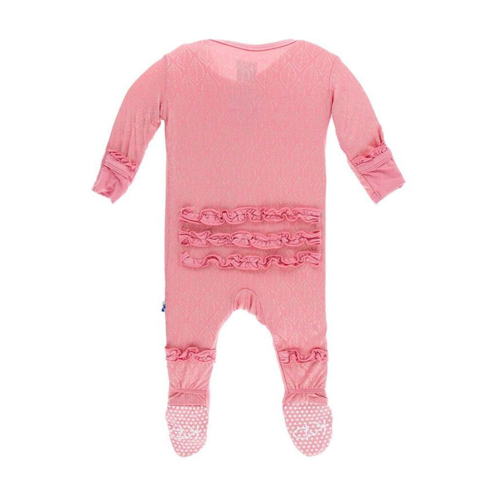 KicKee Pants, Baby Girl Apparel - Pajamas,  Kickee Pants - Print Muffin Ruffle Footie with Zipper - Desert Rose Gold Leaf
