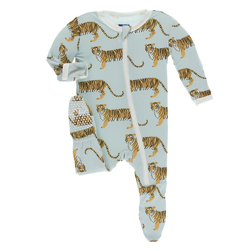 KicKee Pants, Baby Boy Apparel - Pajamas,  Kickee Pants - Print Footie with Zipper - Spring Sky Tiger