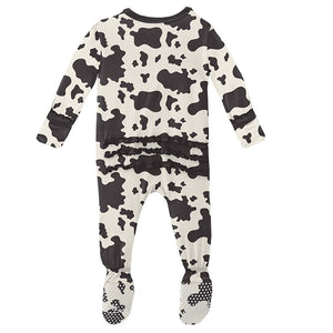 Kickee Pants Print Muffin Ruffle Footie with Zipper in Cow Print - Eden Lifestyle