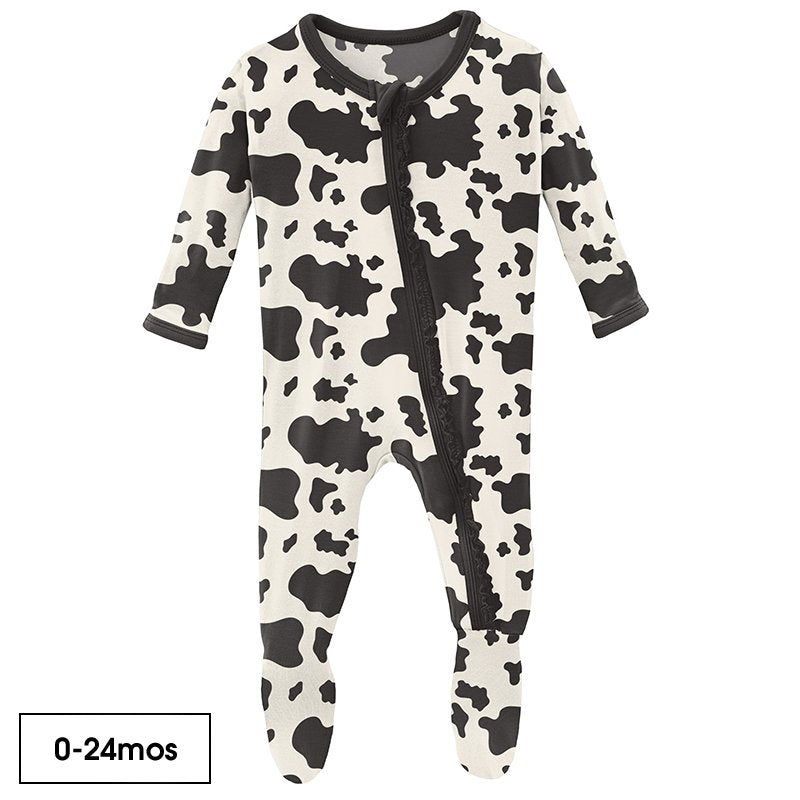 Kickee Pants Print Muffin Ruffle Footie with Zipper in Cow Print - Eden Lifestyle