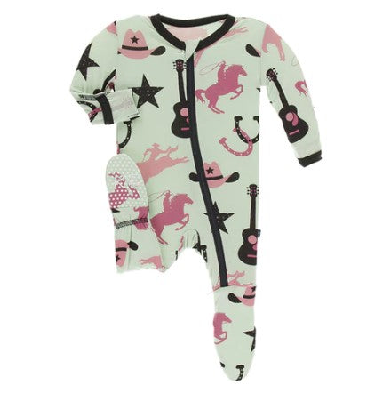 KicKee Pants, Baby Girl Apparel - Pajamas,  Kickee Pants - Print Footie with Zipper - Pistachio Cowboy