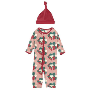 Kickee Pants Print Layette Gown & Single Knot Hat Set in Blush Strawberry Farm - Eden Lifestyle