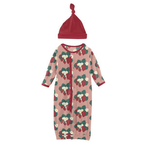 Kickee Pants Print Layette Gown & Single Knot Hat Set in Blush Strawberry Farm - Eden Lifestyle