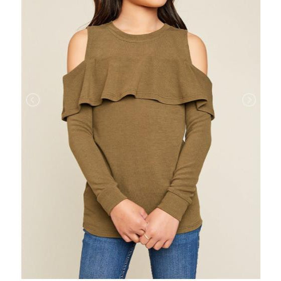 Hayden LA, Girl - Shirts & Tops,  Kiki Cold shoulder sweater - Olive