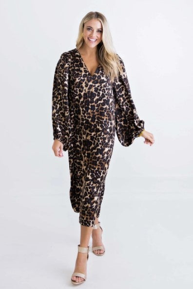 Karlie, Women - Dresses,  Leopard Satin Puff Sleeve Midi