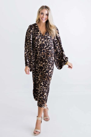 Karlie, Women - Dresses,  Leopard Satin Puff Sleeve Midi