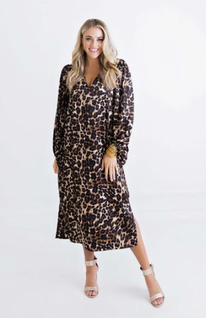 Karlie, Women - Dresses,  Leopard Satin Puff Sleeve Midi