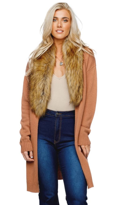 Buddy Love, Women - Outerwear,  Buddylove Mandy Faux Fur Collared Cardigan - Mocha