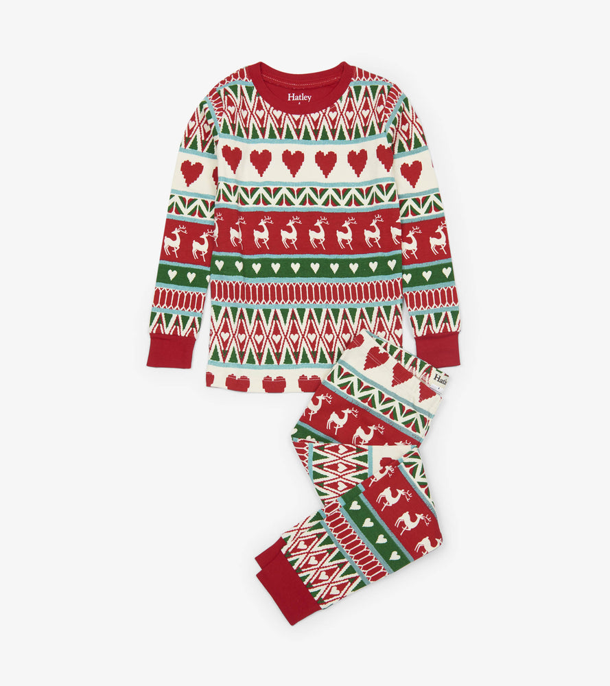 Hatley, Girl - Pajamas,  Hatley Mistletoe Deer Fair Isle Organic Cotton Pajama Set