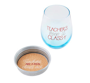 Mud Pie Class-y Teacher Wine Glass and Coaster Set - Eden Lifestyle