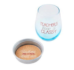 Mud Pie Class-y Teacher Wine Glass and Coaster Set - Eden Lifestyle