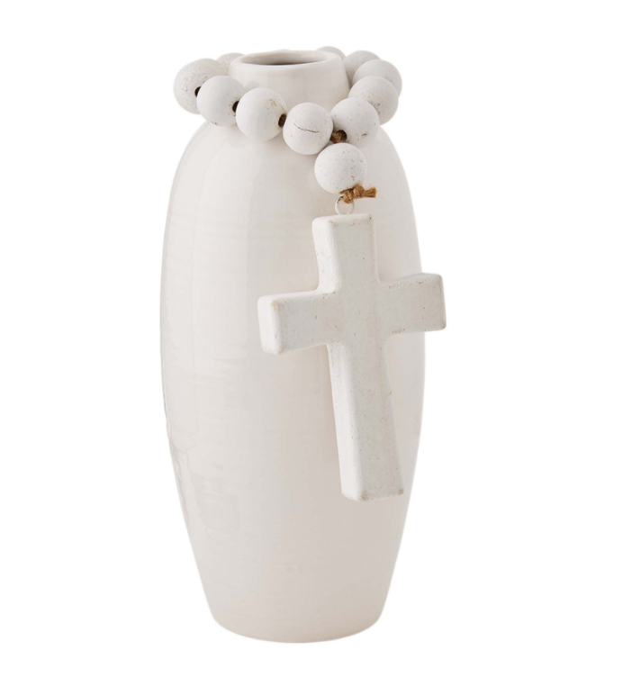 Mud Pie Tall Cross Stoneware Beaded Vase - Eden Lifestyle