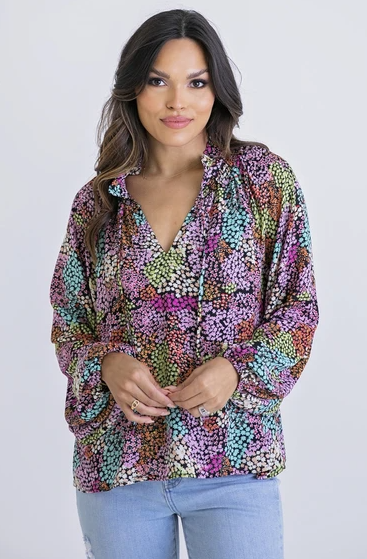 Multi Floral V-Neck Long Sleeve Top - Eden Lifestyle