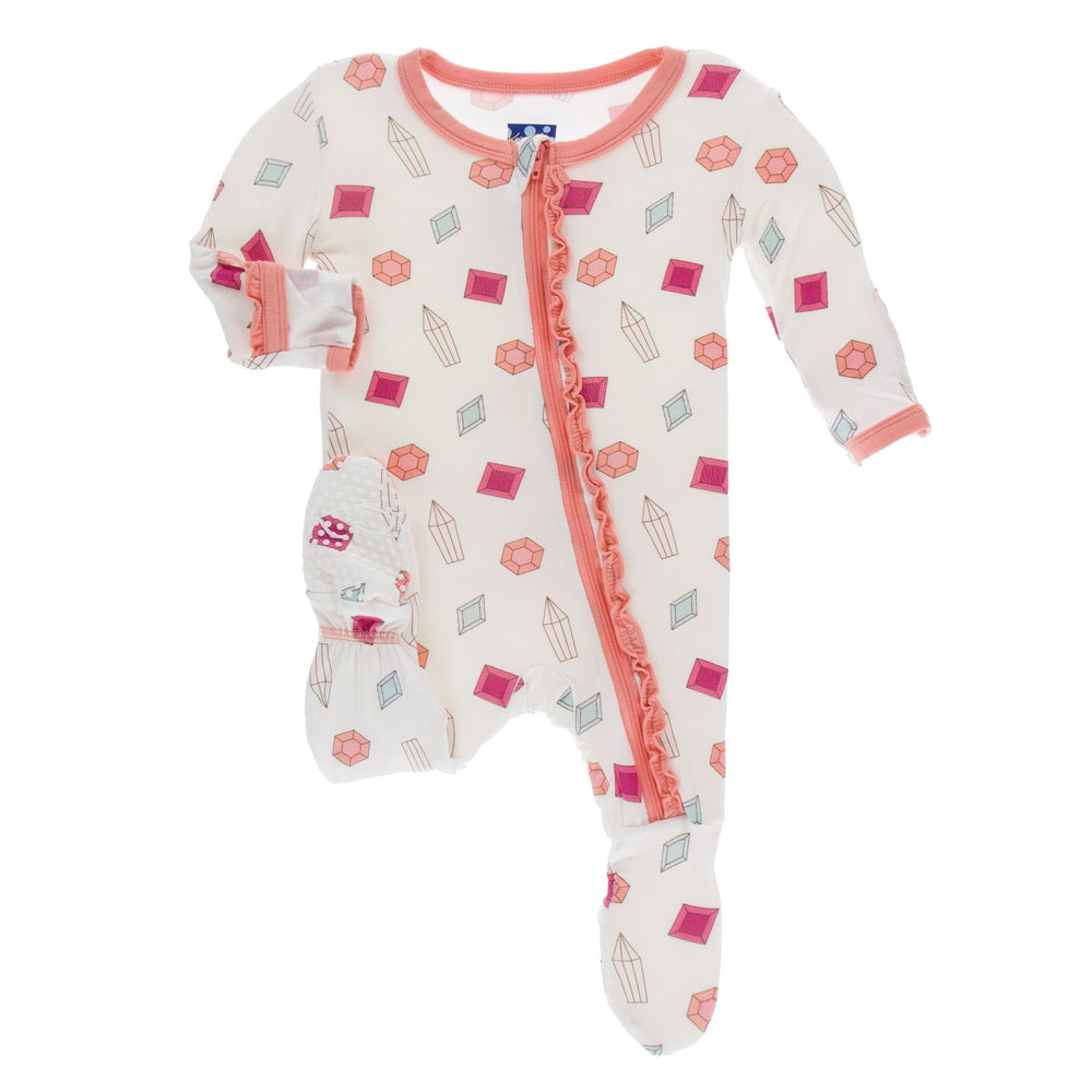 KicKee Pants, Baby Girl Apparel - Pajamas,  Kickee Pants Print Muffin Ruffle Footie with Zipper - Natural Gems