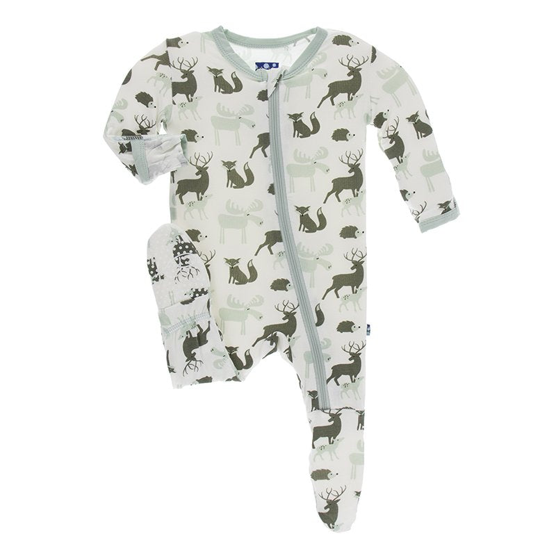 KicKee Pants, Baby Boy Apparel - Pajamas,  Kickee Pants Print Footie with Zipper in Natural Forest Animals