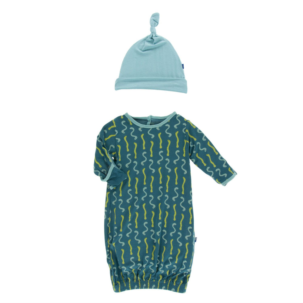 KicKee Pants, Baby Boy Apparel - Pajamas,  KicKee Pants - Layette Gown with Knot Hat Oasis Worms
