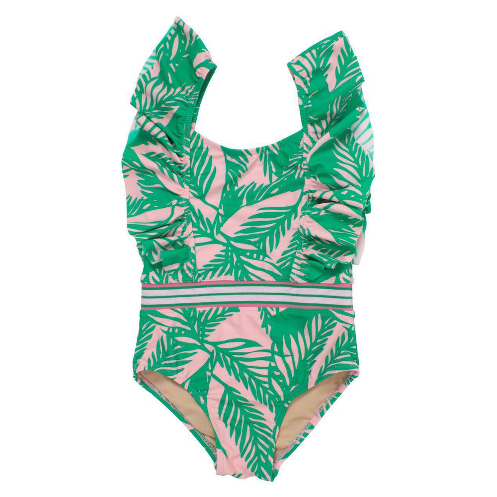 Shade Critters, Girl - Swimwear,  Shade Critters Green/Pink Palm Reader Ruffle Shoulder Swimsuit