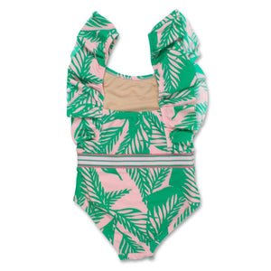 Shade Critters, Girl - Swimwear,  Shade Critters Green/Pink Palm Reader Ruffle Shoulder Swimsuit