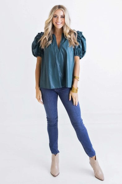 Karlie, Women - Shirts & Tops,  Pleather Ruffle Puff Sleeve Top