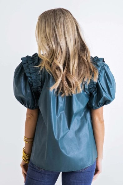 Karlie, Women - Shirts & Tops,  Pleather Ruffle Puff Sleeve Top