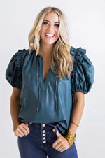 Karlie, Women - Shirts & Tops,  Pleather Ruffle Puff Sleeve Top