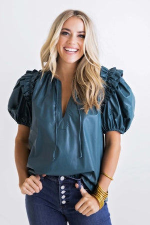 Karlie, Women - Shirts & Tops,  Pleather Ruffle Puff Sleeve Top