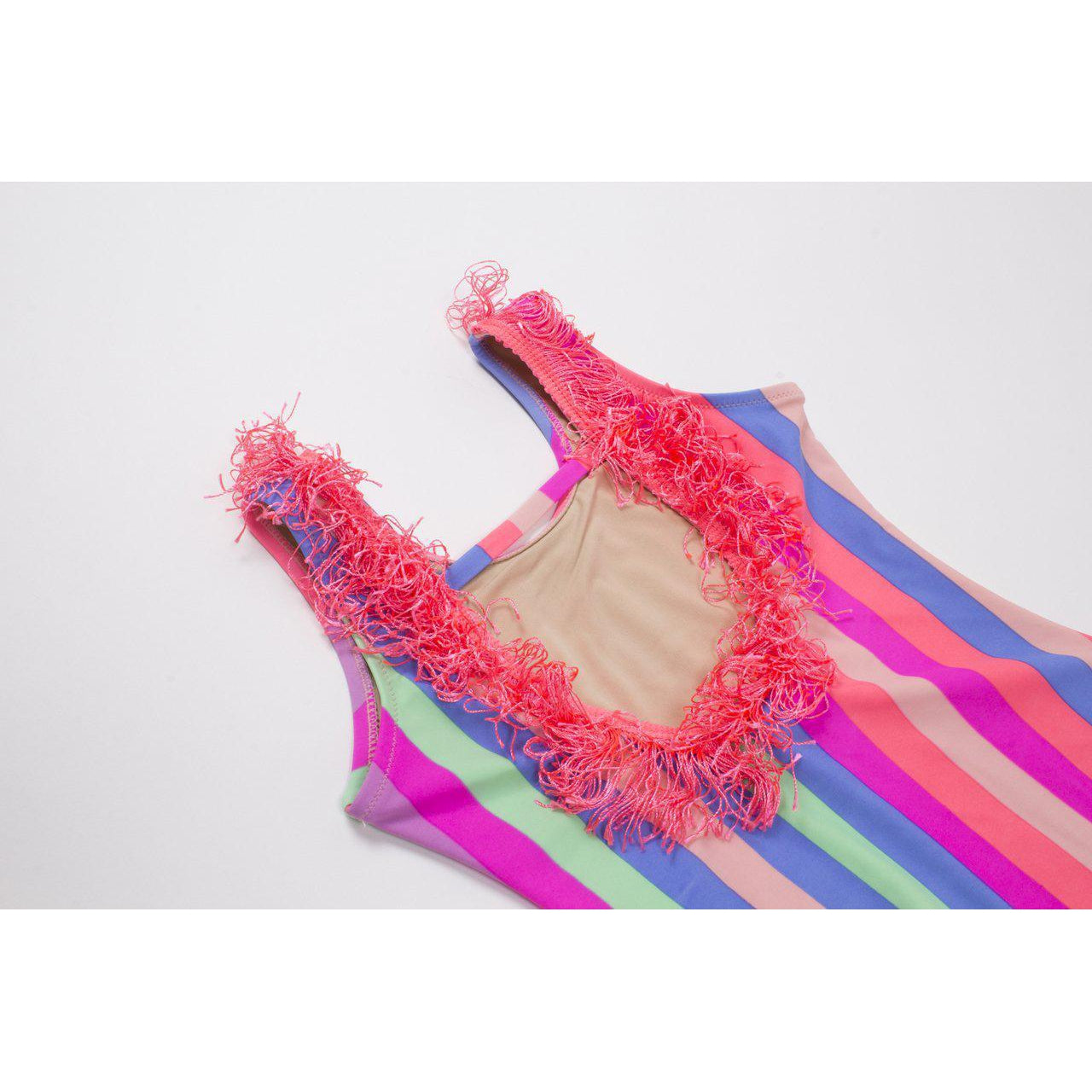 Shade Critters, Girl - Swimwear,  Chasing Rainbows Stripe Scoop Swimsuit w/Fringe