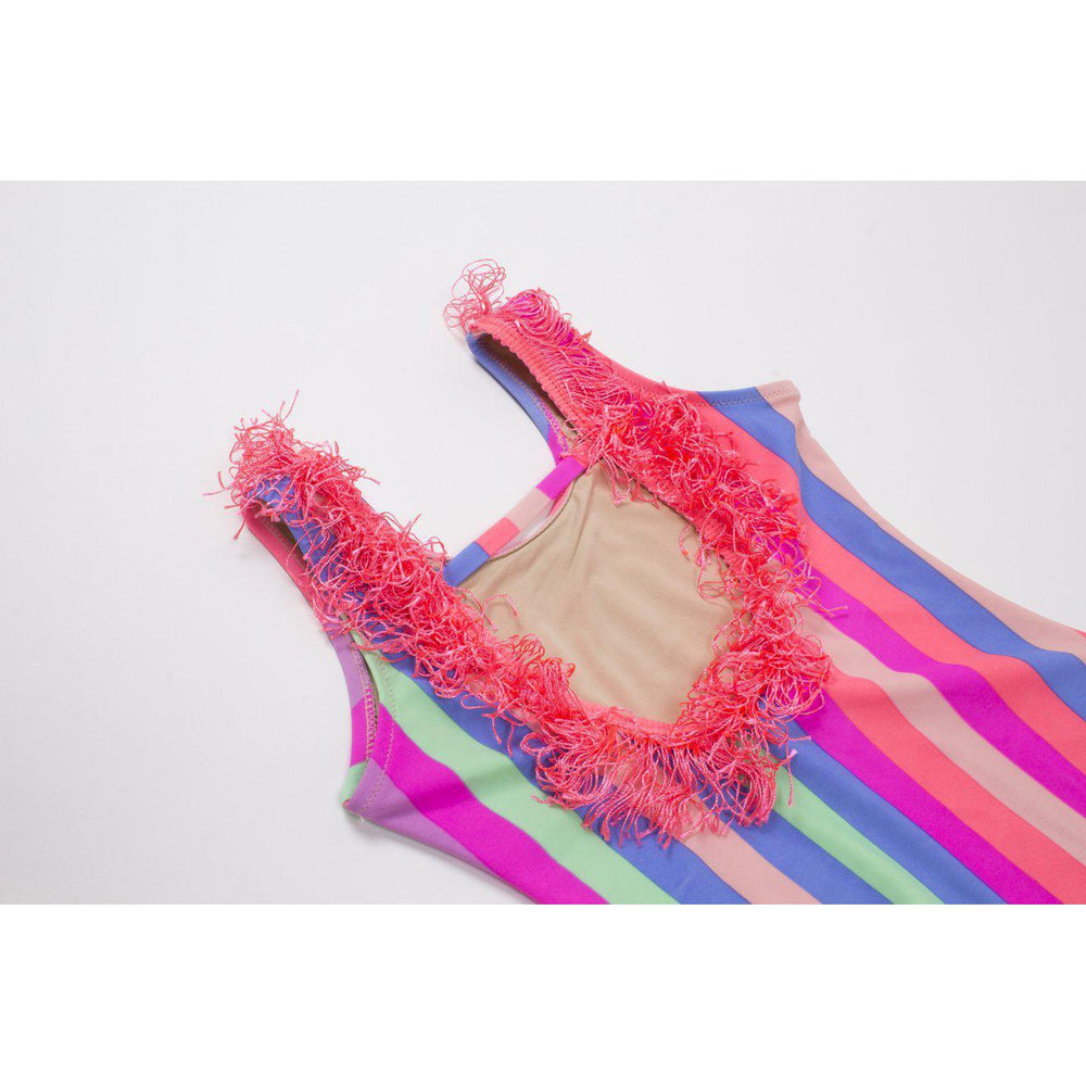 Shade Critters, Girl - Swimwear,  Chasing Rainbows Stripe Scoop Swimsuit w/Fringe