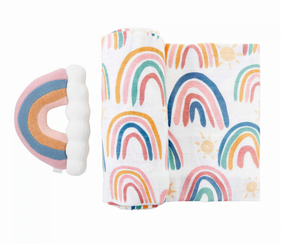 Mud Pie Rainbow Swaddle Blanket and Rattle - Eden Lifestyle