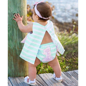 Ruffle Butts, Baby Girl Apparel - Bloomers,  Aqua Stripe Sateen Birthday RuffleButt