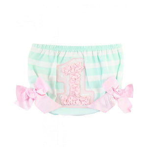 Ruffle Butts, Baby Girl Apparel - Bloomers,  Aqua Stripe Sateen Birthday RuffleButt