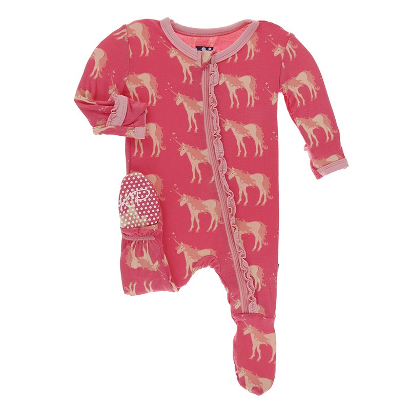 KicKee Pants, Baby Girl Apparel - Pajamas,  Print Muffin Ruffle Footie with Zipper in Red Ginger Unicorns