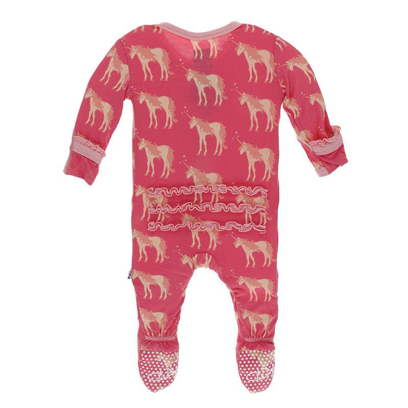 KicKee Pants, Baby Girl Apparel - Pajamas,  Print Muffin Ruffle Footie with Zipper in Red Ginger Unicorns
