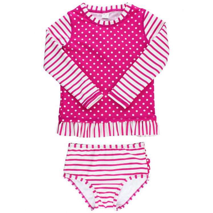 Ruffle Butts, Girl - Swimwear,  Berry Striped Polka Dot Rash Guard Bikini