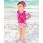 Ruffle Butts, Girl - Swimwear,  Berry Striped Polka Dot Rash Guard Bikini