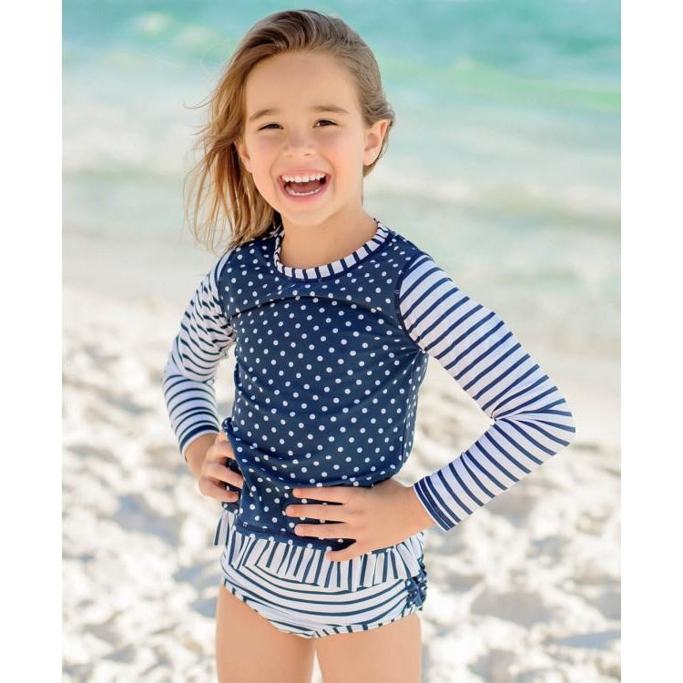 Ruffle Butts, Girl - Swimwear,  Navy Striped Polka Long Sleeve Rash Guard Bikini