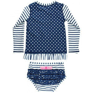 Ruffle Butts, Girl - Swimwear,  Navy Striped Polka Long Sleeve Rash Guard Bikini