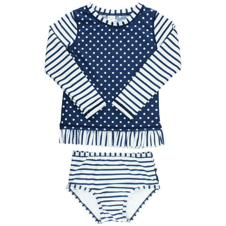 Ruffle Butts, Girl - Swimwear,  Navy Striped Polka Long Sleeve Rash Guard Bikini