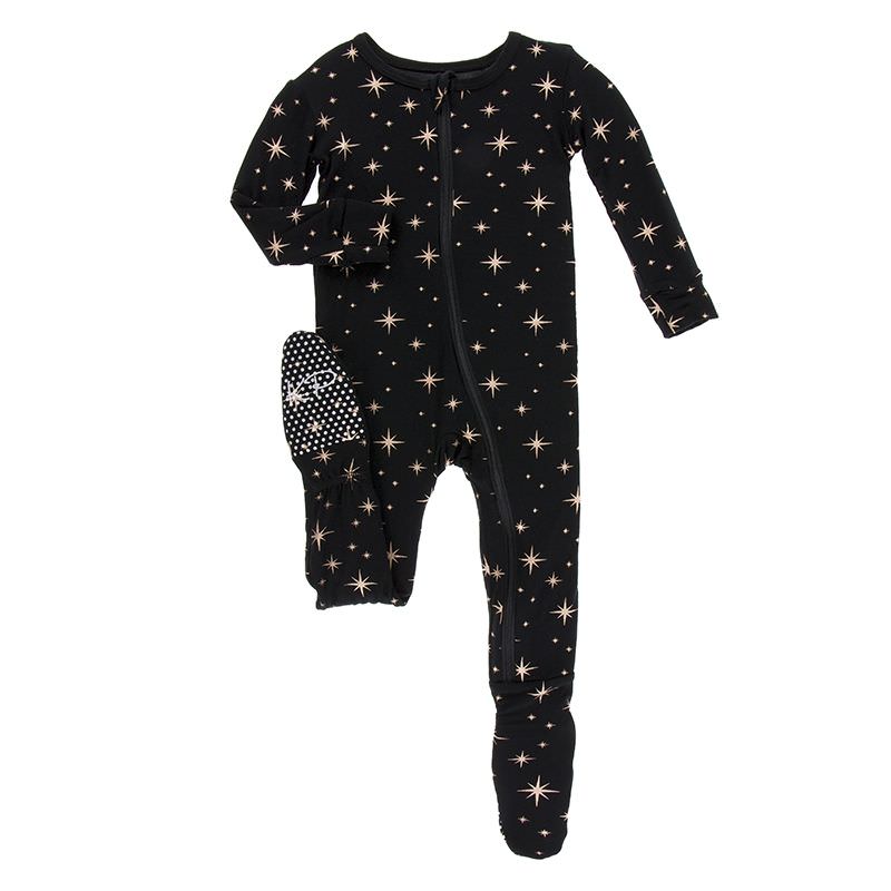 KicKee Pants, Baby Boy Apparel - One-Pieces,  KicKee Pants - Holiday Muffin Ruffle Footie - Rose Gold Stars