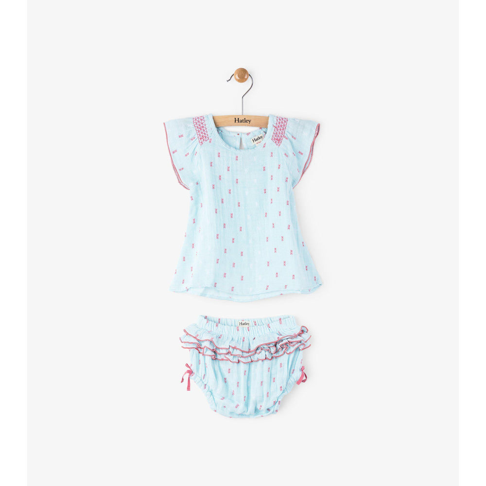 Hatley, Baby Girl Apparel - Dresses,  Hatley Smocked Chambray & Swiss Dots Mini Bloomer Set