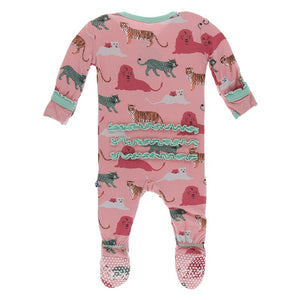 KicKee Pants, Baby Girl Apparel - Pajamas,  Kickee Pants Print Muffin Ruffle Footie with Zipper in Strawberry Big Cats