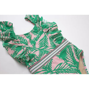 Shade Critters, Girl - Swimwear,  Shade Critters Green/Pink Palm Reader Ruffle Shoulder Swimsuit