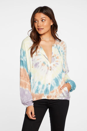 Chaser, Women - Shirts & Tops,  Chaser Heirloom Wovens Drop Shoulder Hooded Jacket in Tie Dye