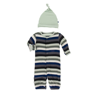 KicKee Pants, Baby Boy Apparel - Pajamas,  Kickee Pants Print Layette Gown Converter & Knot Hat Set in Zoology Stripe