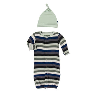 KicKee Pants, Baby Boy Apparel - Pajamas,  Kickee Pants Print Layette Gown Converter & Knot Hat Set in Zoology Stripe